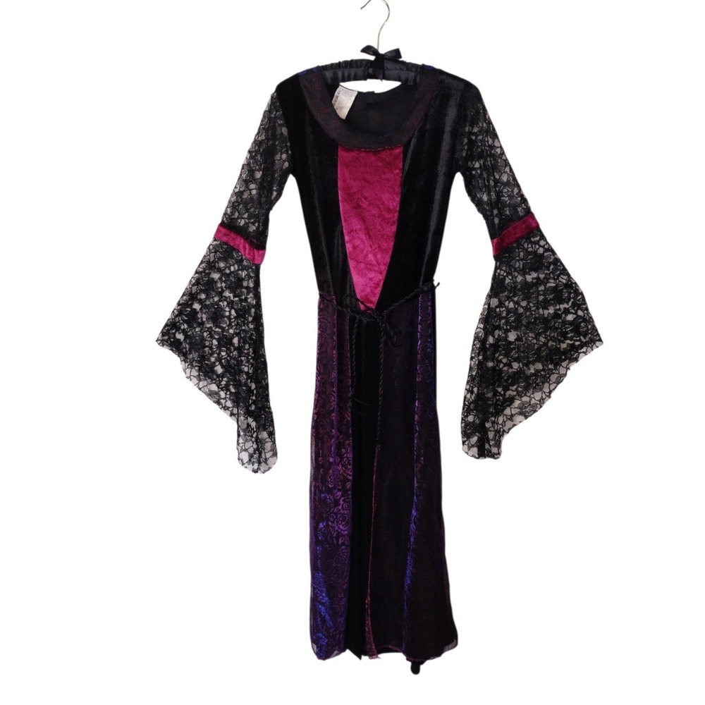 Black Velvet Gothic Maxi Dress Lace Bell Sleeve Purple Iridescent Mesh Stretch S